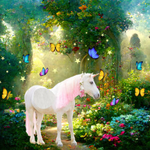 Fantasie paneel met paard, vlinders en bloemen