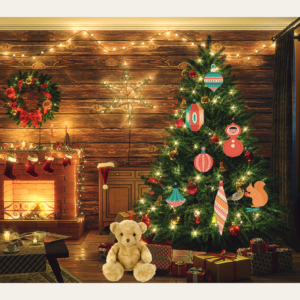 Kerstpaneel met open haard beer en sok
