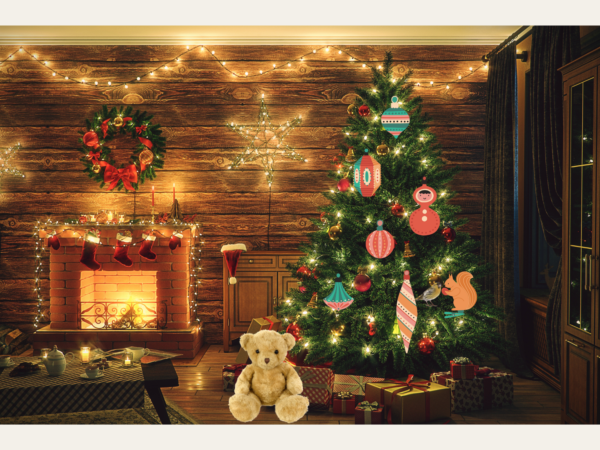 Kerstpaneel met open haard beer en sok