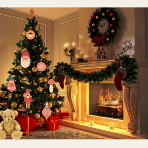 Kerstpaneel met kerstboom, open haard en versiering