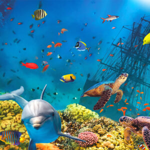 onderwaterwereld paneel met dolfijn, vissen en schildpad