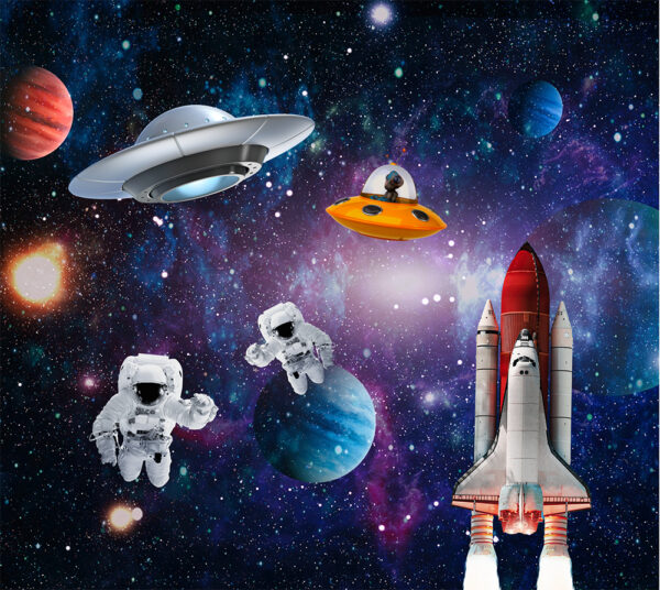 ruimtevaart paneel met ufo, raket en astronauten